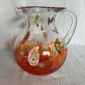 Murano Style Millefiori Clear Glass Pitcher Persimmon Bottom 8" tall